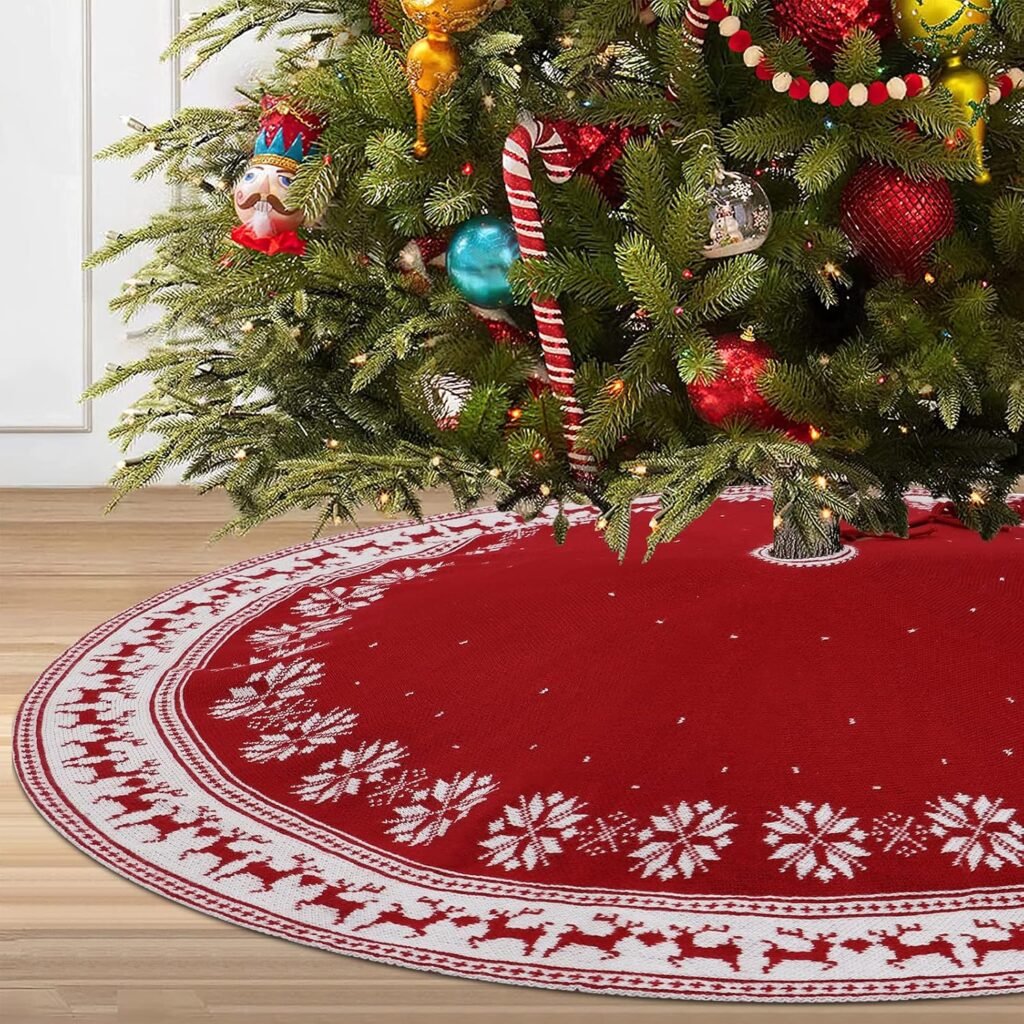 rood gebreid kerstboomkleed 90 cm met sneeuwvlokken en rendieren, rond kerstboomdeken voor kerstboomstand en feestdecoratie