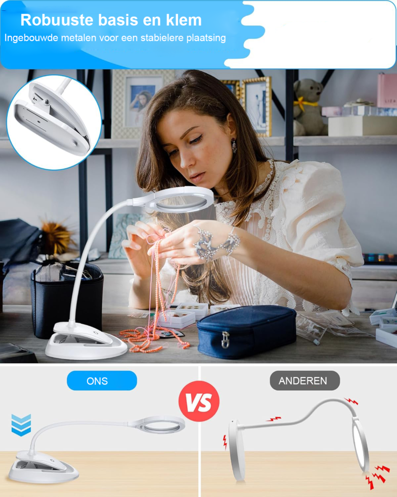 Vergrootglas met LED lamp 5x en 10x vergroting oplaadbare tafellamp met klem en flexibele zwanenhals 15 LED en 3 helderheidsniveaus voor lezen en klussen wit