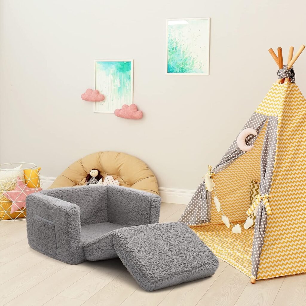 Kindersofa bed 2-in-1 omvormbare peuter sofa naar ligstoel grijs zachte kinderbank sherpa pluche ontspanningsstoel