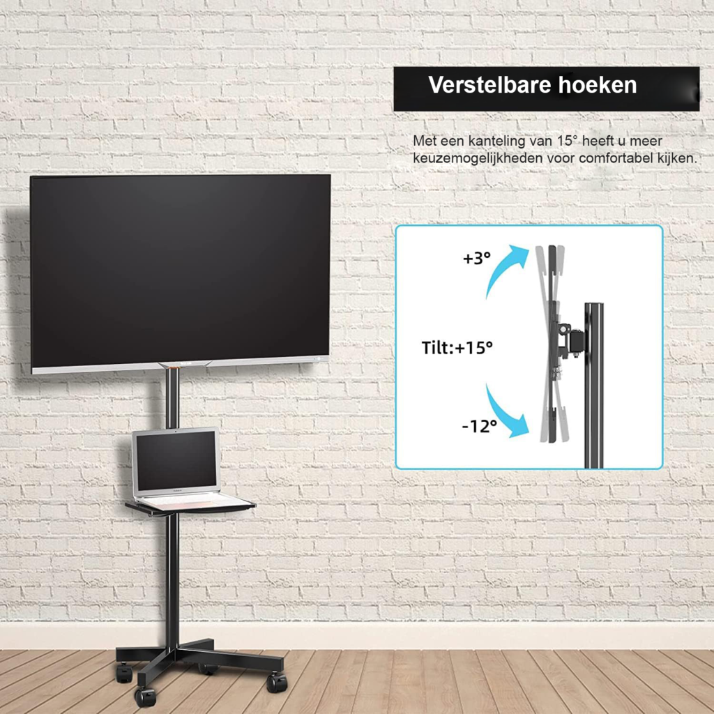Mobiele TV standaard met wielen en plank voor 21-60 inch flatscreen en gebogen tv, verrijdbare tv trolley met verstelbare hoogte en VESA 400x400 ondersteuning