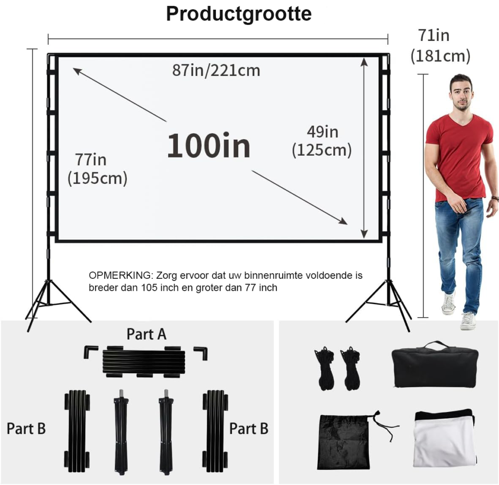 Projectiescherm en Stand - 100 Inch Draagbaar Binnen en Buiten - 16:9 4K HD Projectiescherm - Voor- en Achterprojectie - Filmscherm met Draagtas voor Thuisbioscoop en Buitencinema