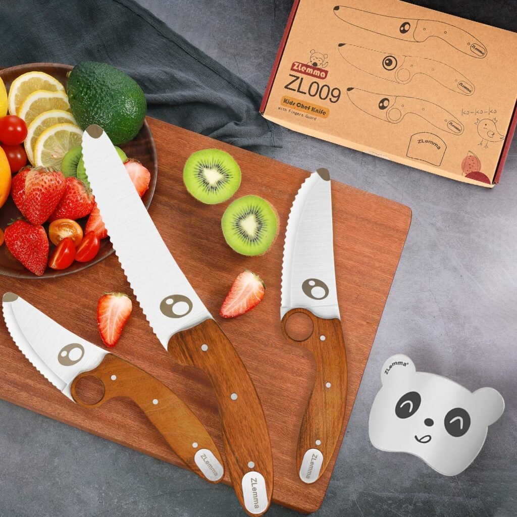 Kindermessenset 4-delig voor kinderen met veilig koksmes afgeronde punt, vingerbescherming en bakset voor koken en keukenactiviteiten
