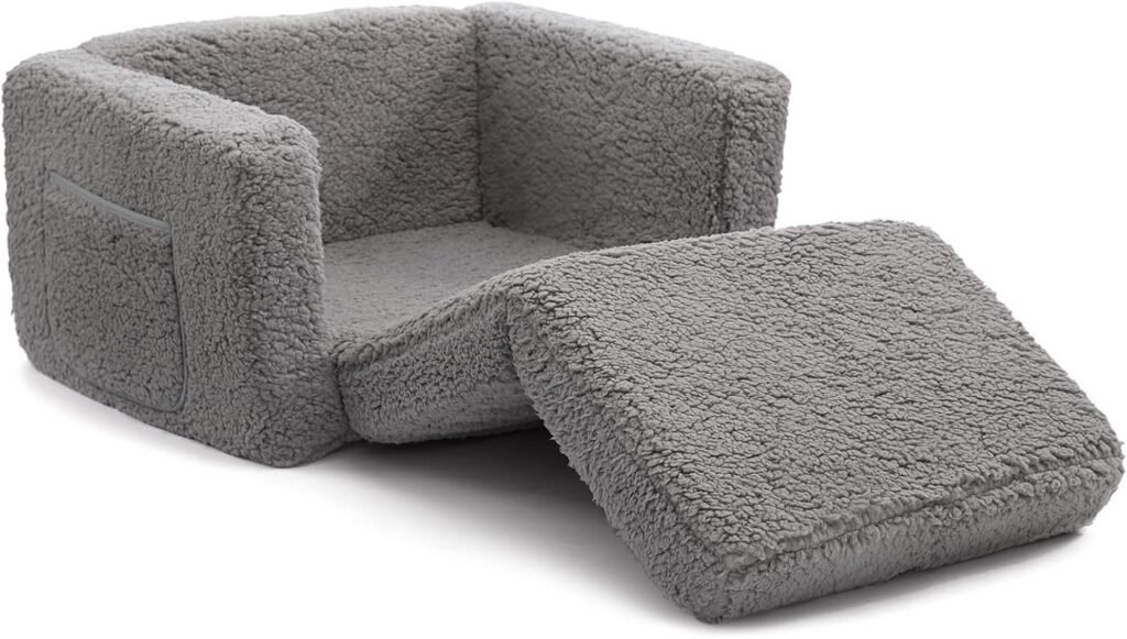 Kindersofa bed 2-in-1 omvormbare peuter sofa naar ligstoel grijs zachte kinderbank sherpa pluche ontspanningsstoel