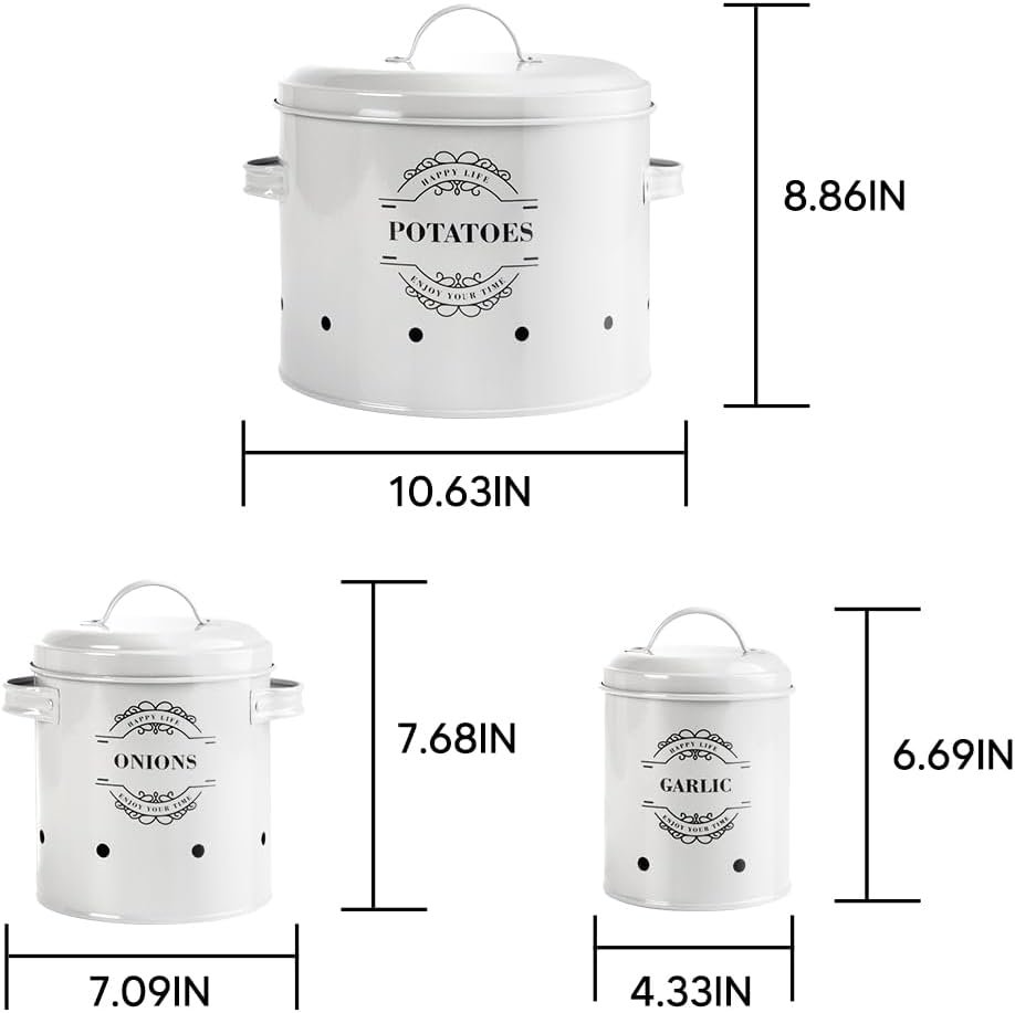 Set van 3 witte emaille voorraadpotten voor uien knoflook en aardappelen met ventilatiegaten keuken opbergmanden
