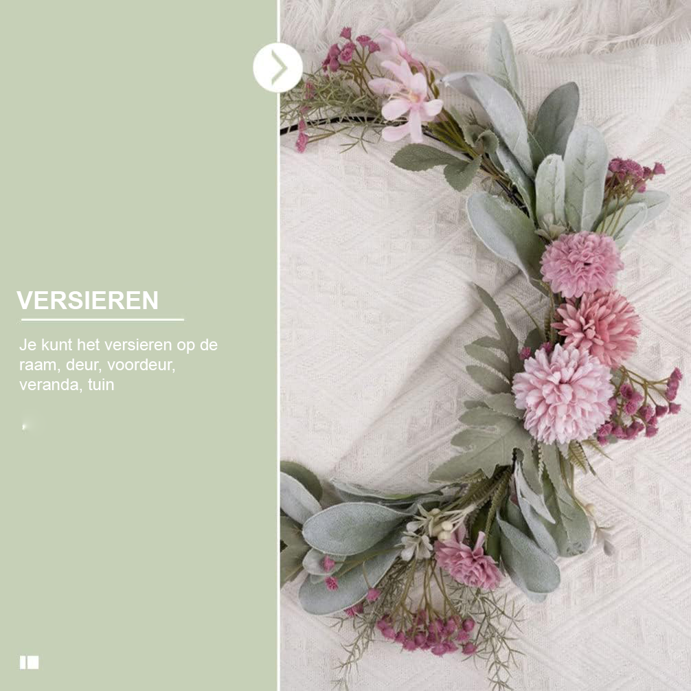 Kunstbloemen krans met eucalyptus op metalen ring roze deur en muurdecoratie lente en paaskrans wandkrans slinger