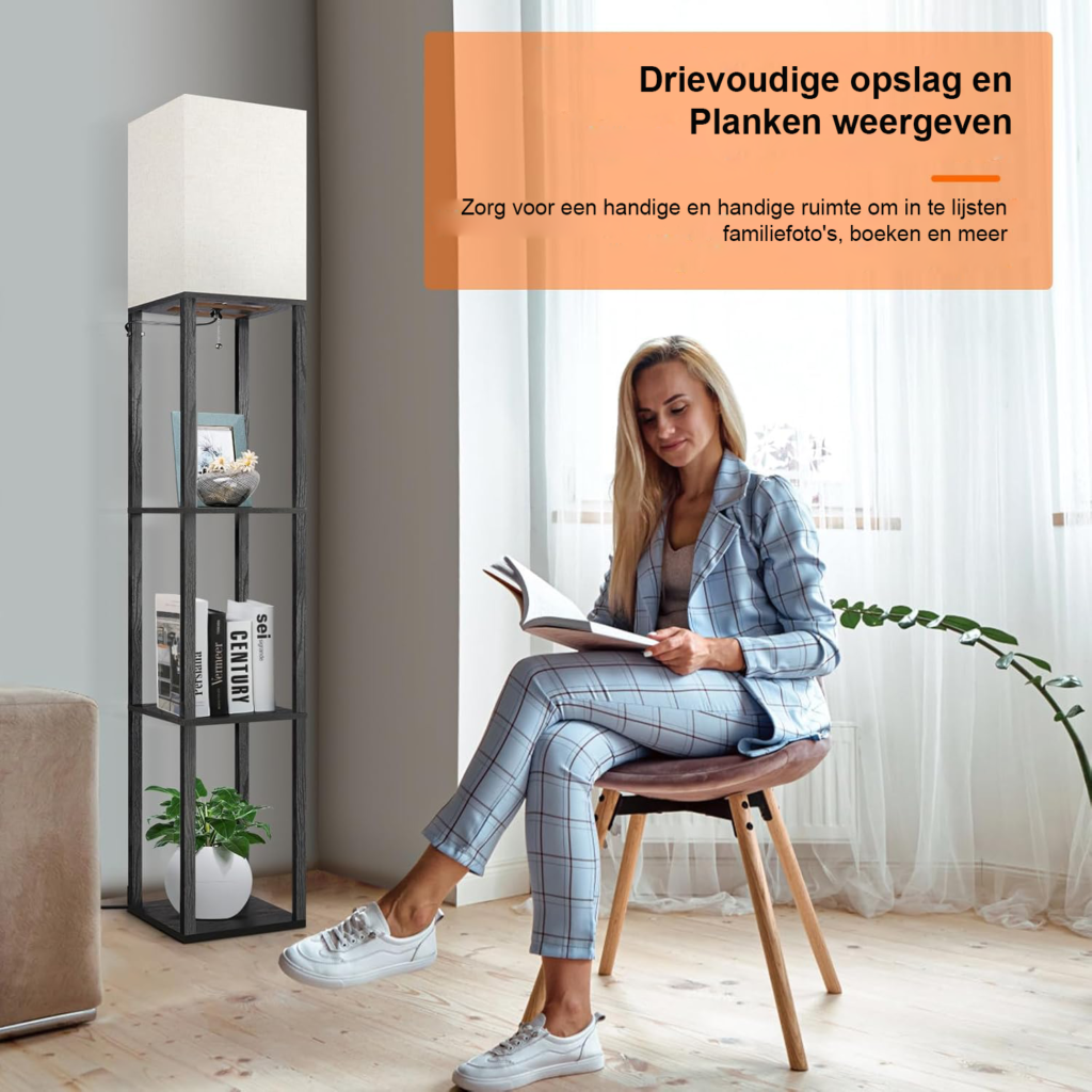 Dimbare staande LED vloerlamp met plank en lampenkap, afstandsbediening, 4 lichtkleuren en timerfunctie voor woonkamer slaapkamer en kantoor in mat zwart