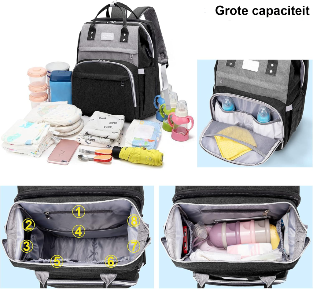 Luiertas rugzak met grote capaciteit en opvouwbaar babybed als draagbare reisverzorgingstas in zwart en grijs voor onderweg met babyaccessoires