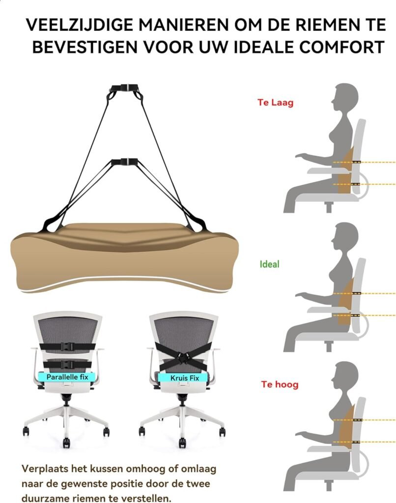 Ergonomisch rugkussen met traagschuim voor bureaustoel, auto en gaming stoel in khaki kleur