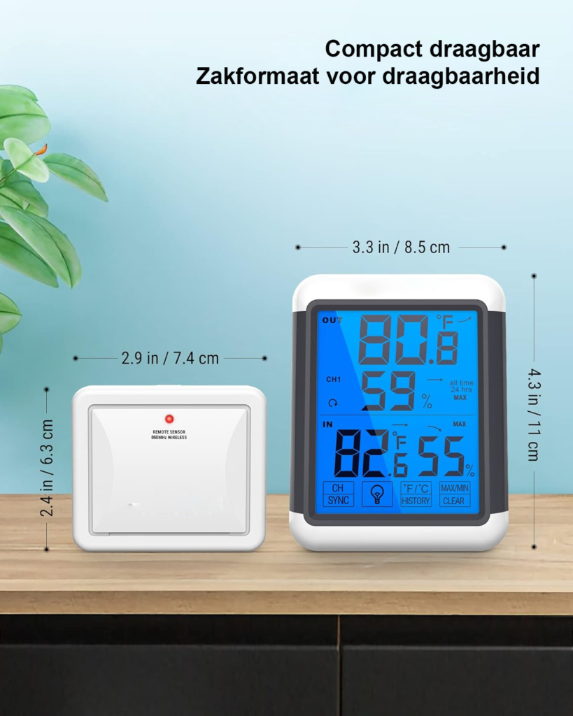 Digitale draadloze hygrometer en thermometer met touchscreen, temperatuur- en luchtvochtigheidsmeter en bereik tot 150 meter voor binnengebruik.