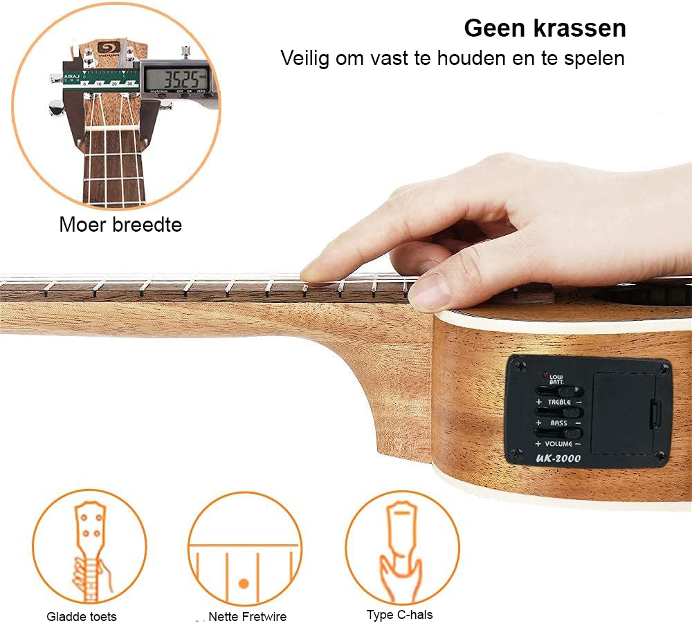 Elektrische tenor ukulele 26 inch - akoestische ukulele met EQ pickup - massief mahonie hout - inclusief draagtas en beginnerskit