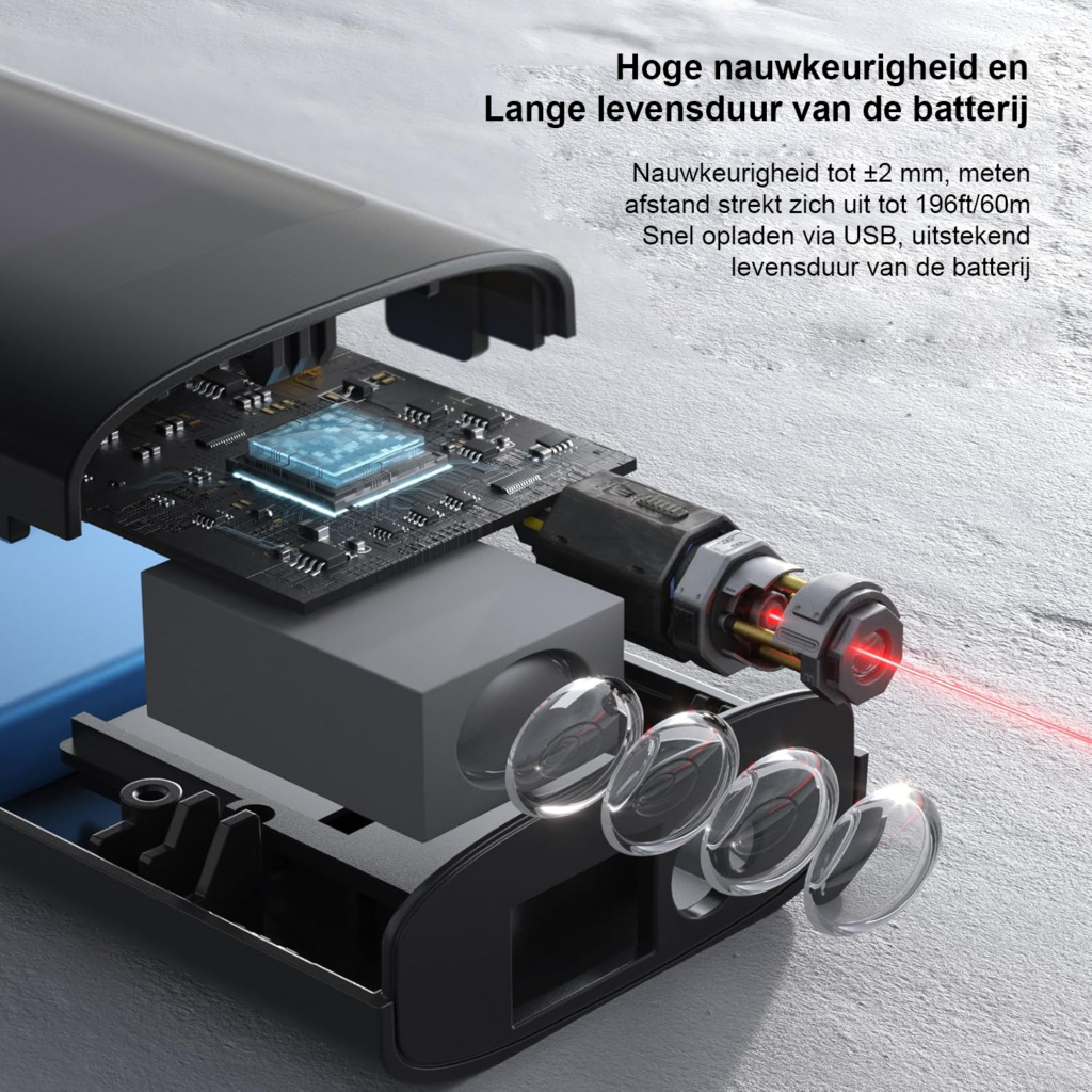 Laserafstandsmeter 60 m USB oplaadbaar digitale rangefinder met LCD achtergrondverlichting 0.05-60 m nauwkeurigheid ±2 mm draagbaar met draagband