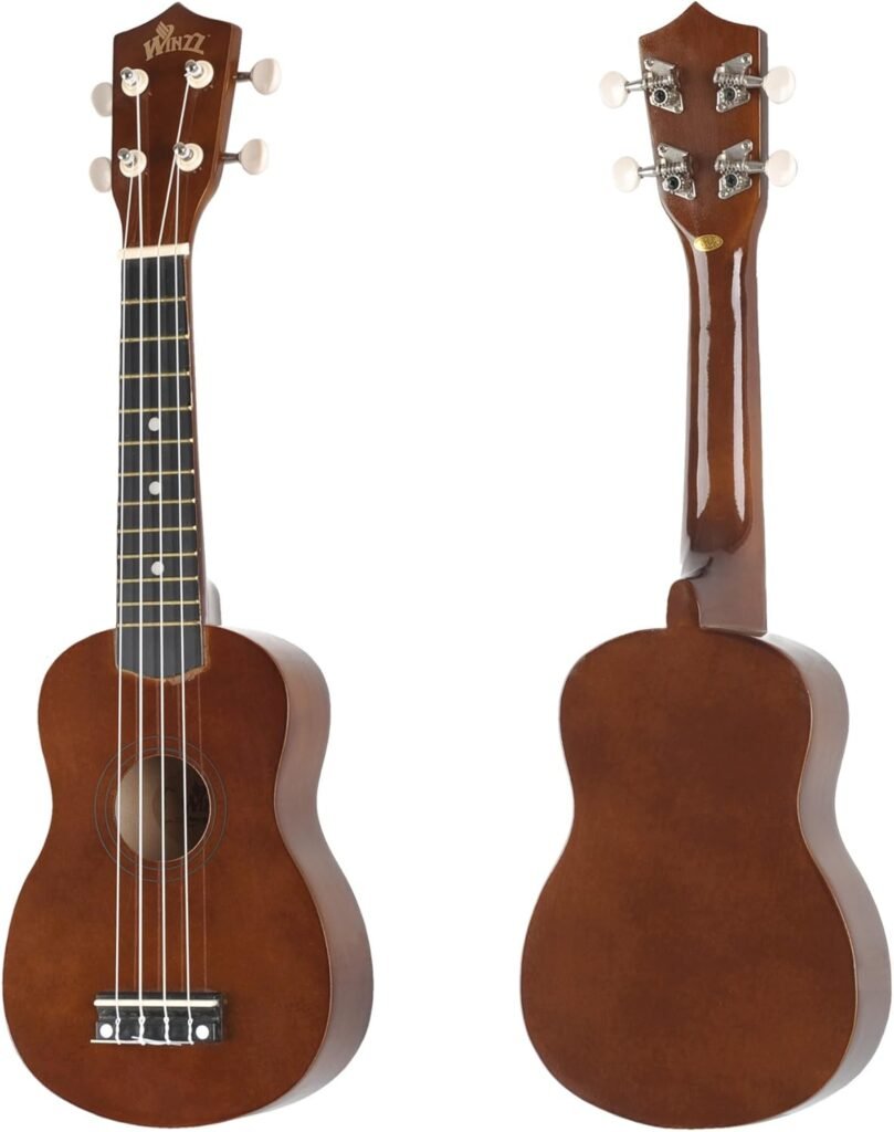 Sopraan ukulele starter kit 21 inch brons met draagtas clip-on tuner extra snaren schouderriem plectrum toetsenbord stickers akkoordkaart polijstdoek