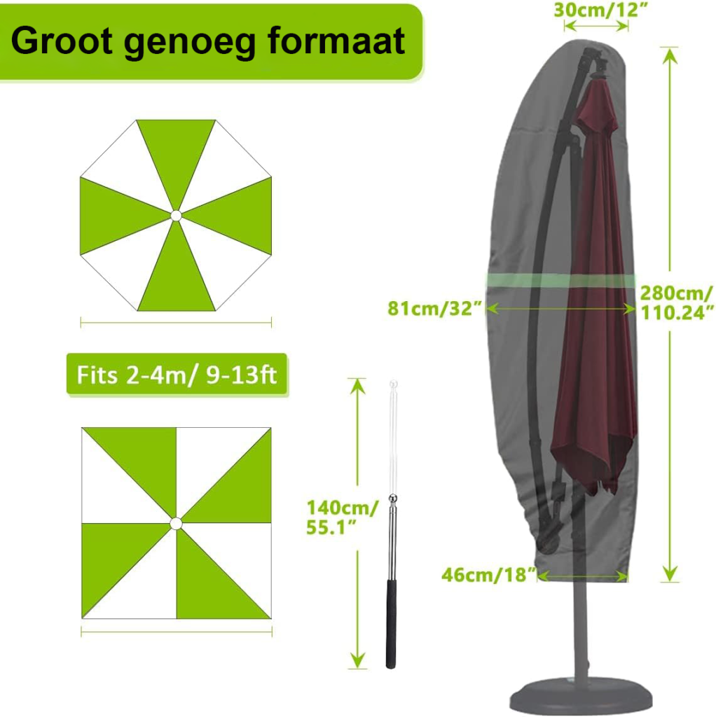 Parasolhoes met stok beschermhoes parasol 2 tot 4 meter weerbestendig UV wind sneeuw buitenbescherming