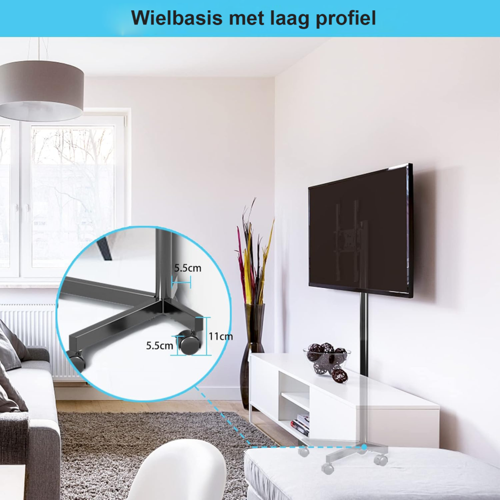 Mobiele TV standaard met wielen en plank voor 21-60 inch flatscreen en gebogen tv, verrijdbare tv trolley met verstelbare hoogte en VESA 400x400 ondersteuning