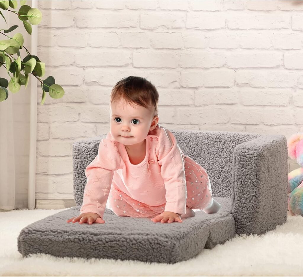 Kindersofa bed 2-in-1 - Omvormbare peuter bank - Slaapbank kinderstoel - Sherpa pluche grijs voor kinderen