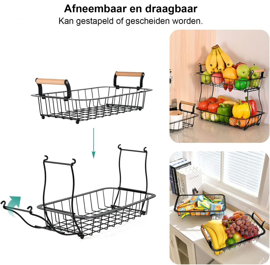 2-laags fruitmand van metaal met houten handvatten, zwarte keuken organizer voor fruit, groenten, brood en snacks 33x17,8 cm.