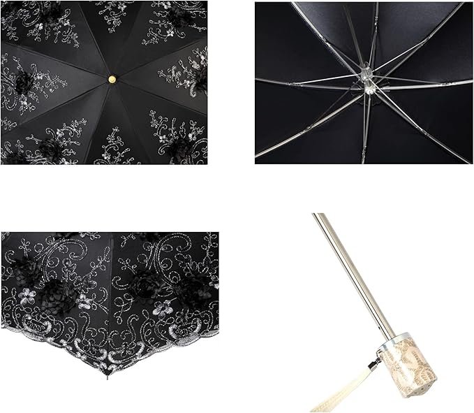 Dames parasol met kant en borduursel, UPF50 anti-UV, opvouwbaar 85 cm, stalen frame, windbestendig