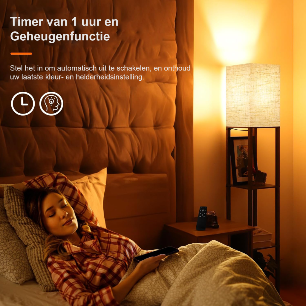 Dimbare staande lamp met plank en lampenkap - LED vloerlamp met afstandsbediening en timer - 4 lichtkleuren en geheugenfunctie - woon- en slaapkamer verlichting