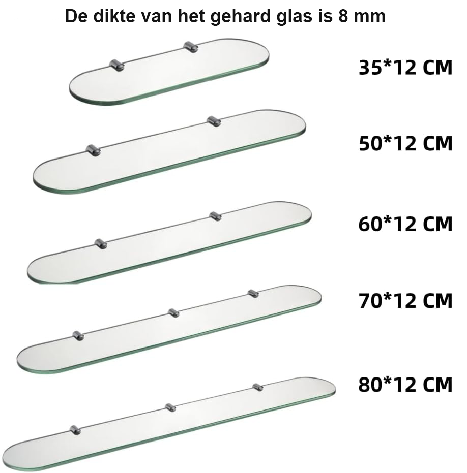 Glazen wandplank 50x12 cm van 8 mm gehard glas met chroom glashouder voor badkamer