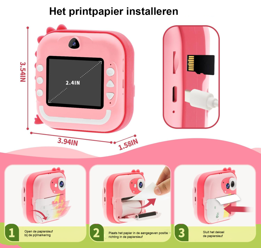 Kindercamera met Instant Printfunctie - Digitale Camera voor Kinderen met Inktvrije Foto Printer - 12MP HD Foto's en 1080P Video - Inclusief 32GB SD Kaart en 3 Rollen Fotopapier