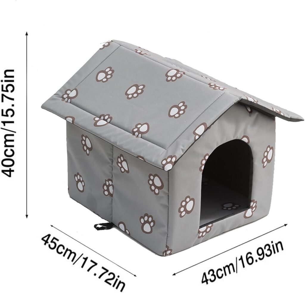 Winterbestendig buitenkattenhuis grijs, waterdicht dierenhuis voor katten en kleine huisdieren met transparant gordijn maat M voor buitengebruik.