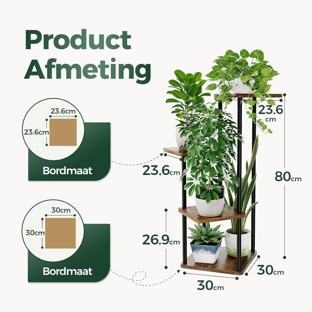 Plantenrek 4 niveaus van zwart metaal met houten planken, hoekmodel voor kamerplanten geschikt voor binnen en buiten zoals balkon, tuin en woonkamer