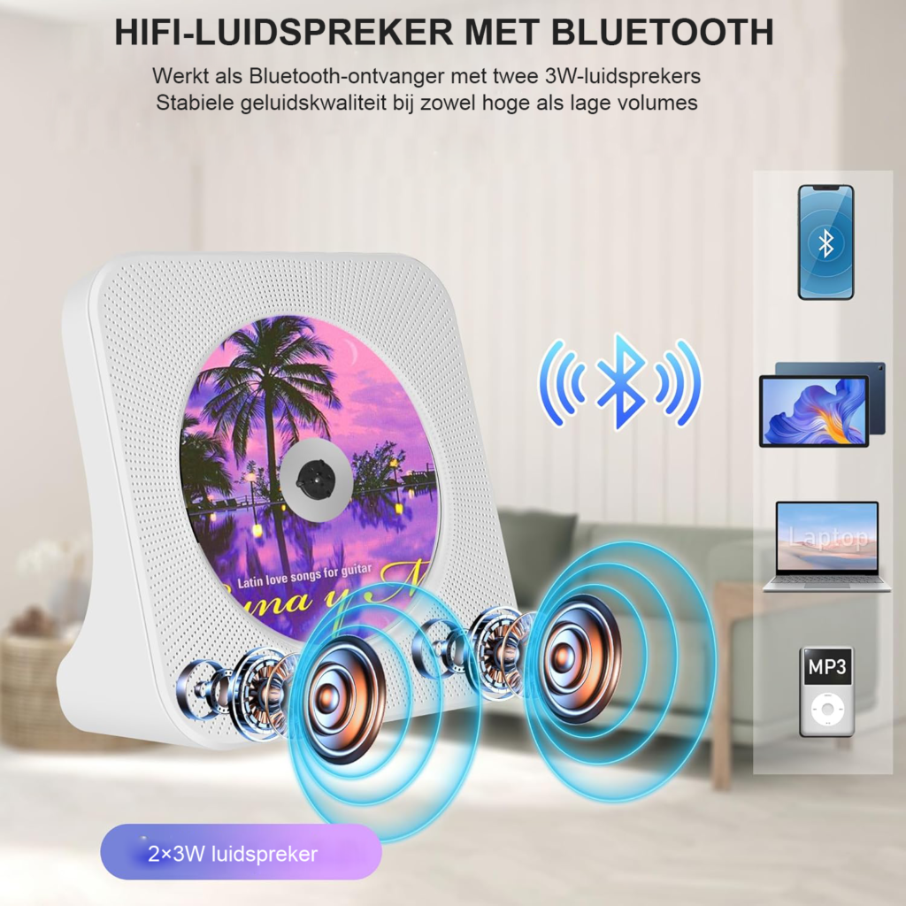 Draagbare CD speler met Bluetooth 5.0, HiFi luidspreker, FM radio, AUX/USB en hoofdtelefoon aansluiting wit