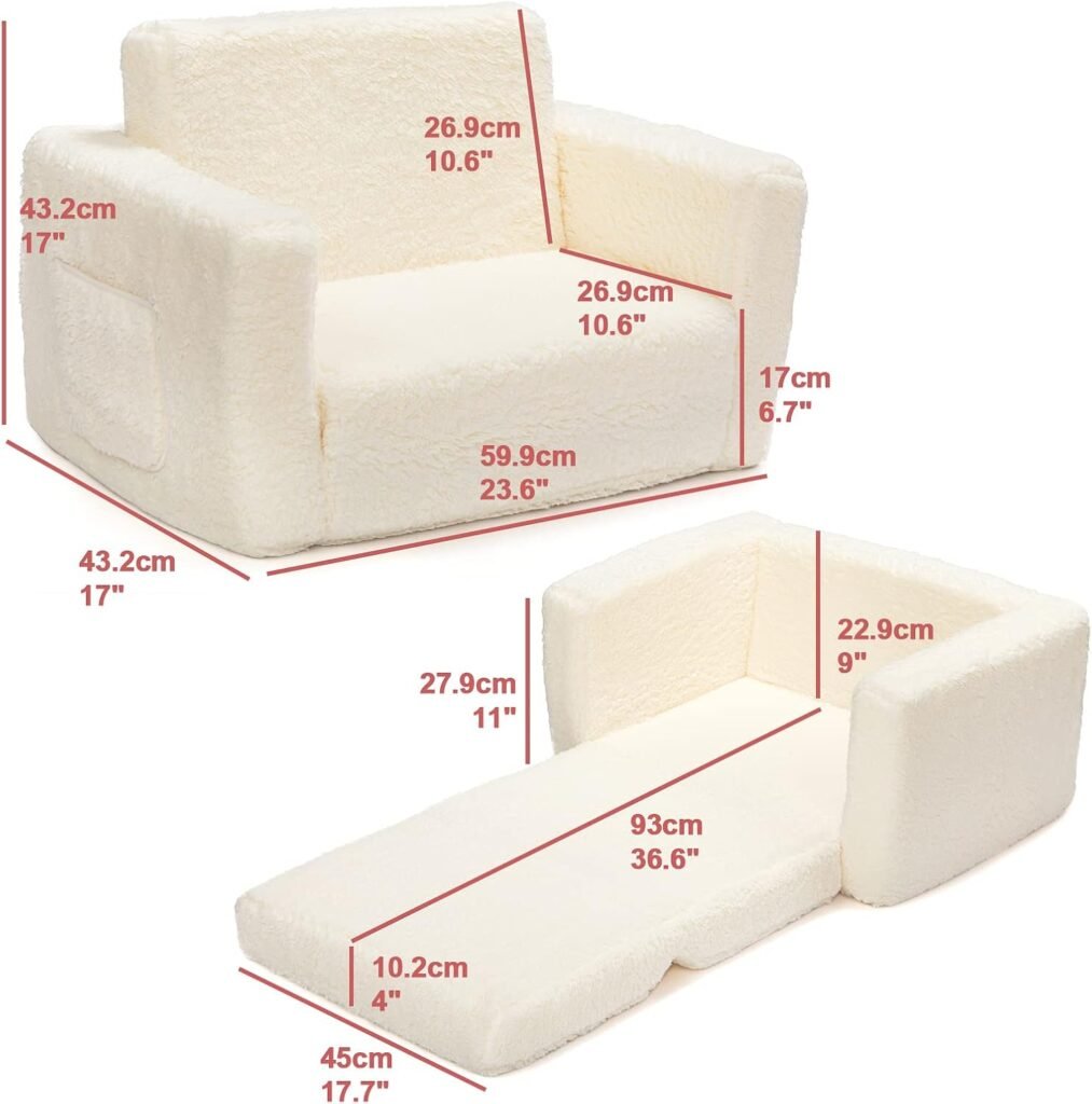 2-in-1 kindersofa bed sherpa wit omvormbare peutersofa ligstoel kinderbank slaapfunctie knuffelstof meisjes jongens