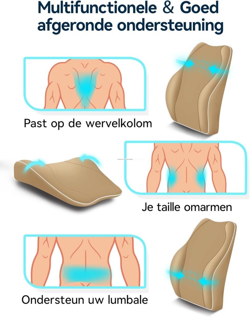 Ergonomisch Rugkussen met Traagschuim - Rugsteun Kussen voor Bureaustoel, Auto en Gaming Stoel - Verstelbare Dubbele Banden - Khaki