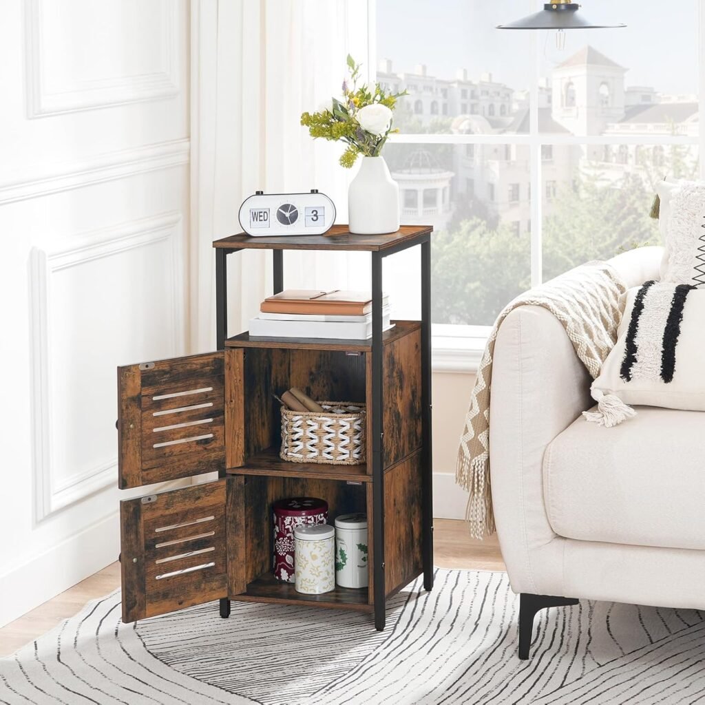 Sideboard kast met lade en verstelbare planken, zijkast met lamellen deur en stalen frame in vintage design voor woonkamer, keuken en badkamer