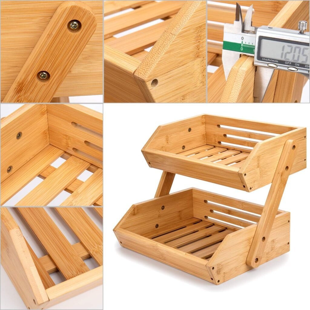 Bamboe 2-laags fruitmand en keuken organizer voor groente, snacks en brood met afneembare opbergrekken.