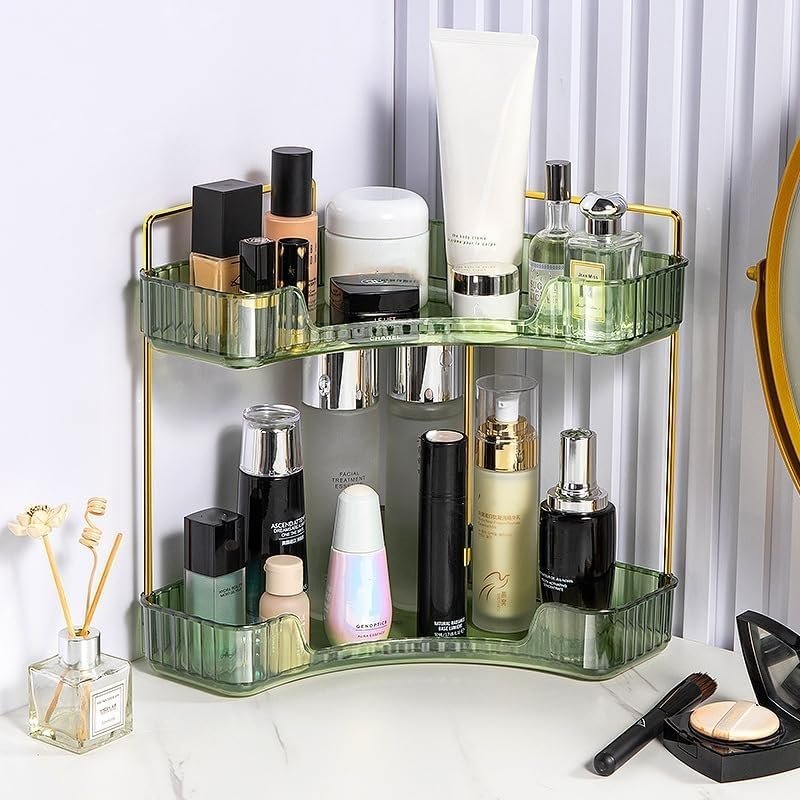 Hoekvormige badkamer organizer groen - make-up en skincare opbergrek met 2 lagen voor cosmetica en parfum