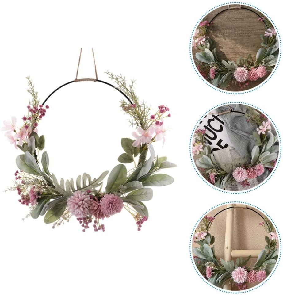 Kunstbloemen krans met eucalyptus op metalen ring roze deur en muurdecoratie lente en paaskrans wandkrans slinger