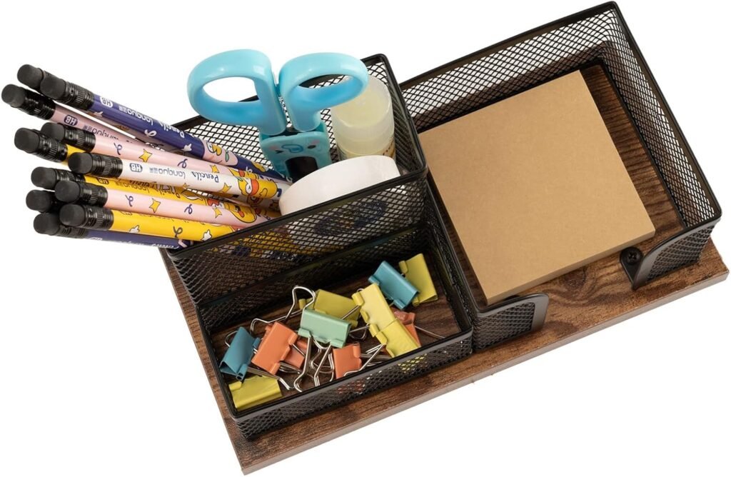 Pennenhouder set hout metaalgaas bureau organizer 3 vakken zwart 2 stuks kantoor opberger notitiehouder