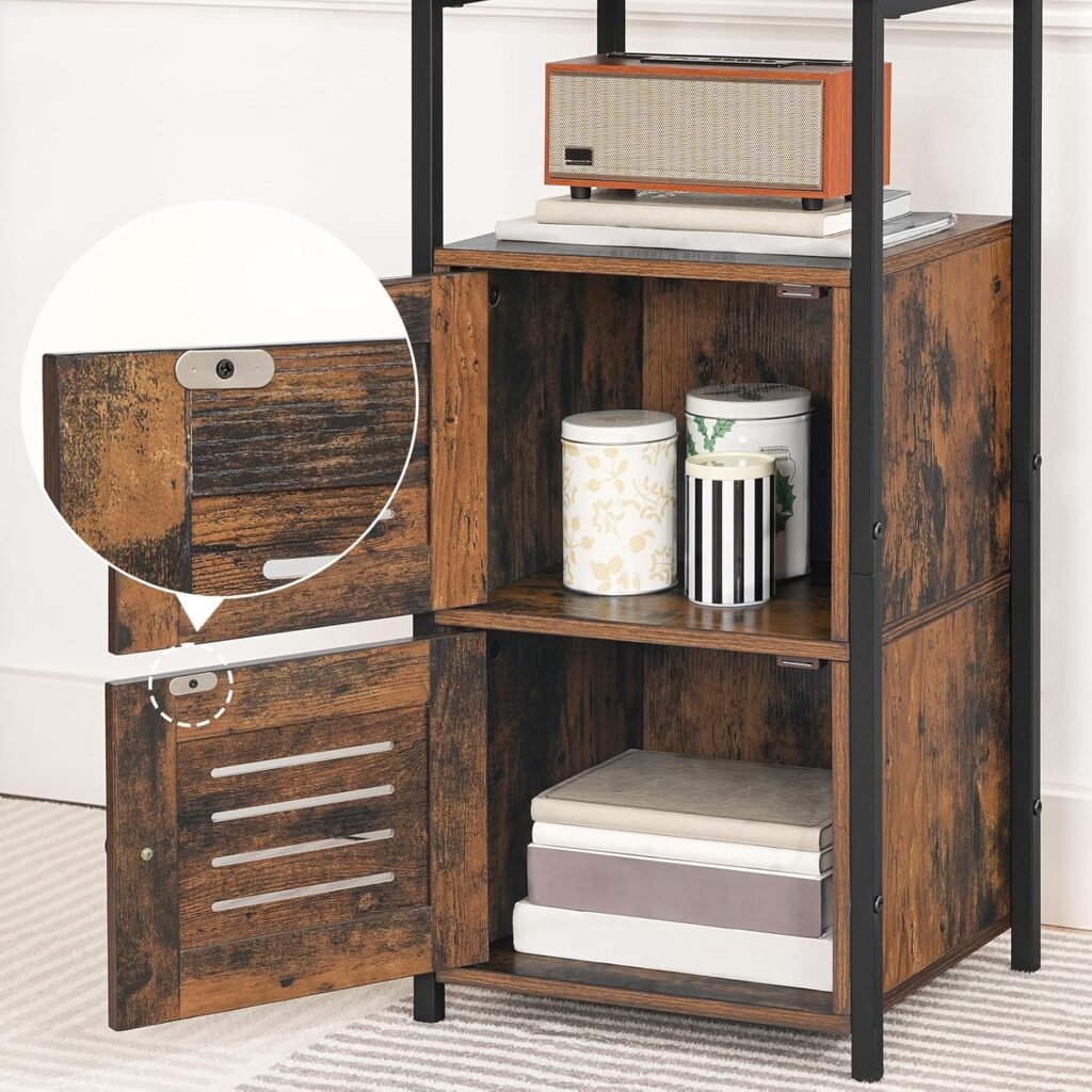 Sideboard kast met lade en verstelbare planken, zijkast met lamellen deur en stalen frame in vintage design voor woonkamer, keuken en badkamer