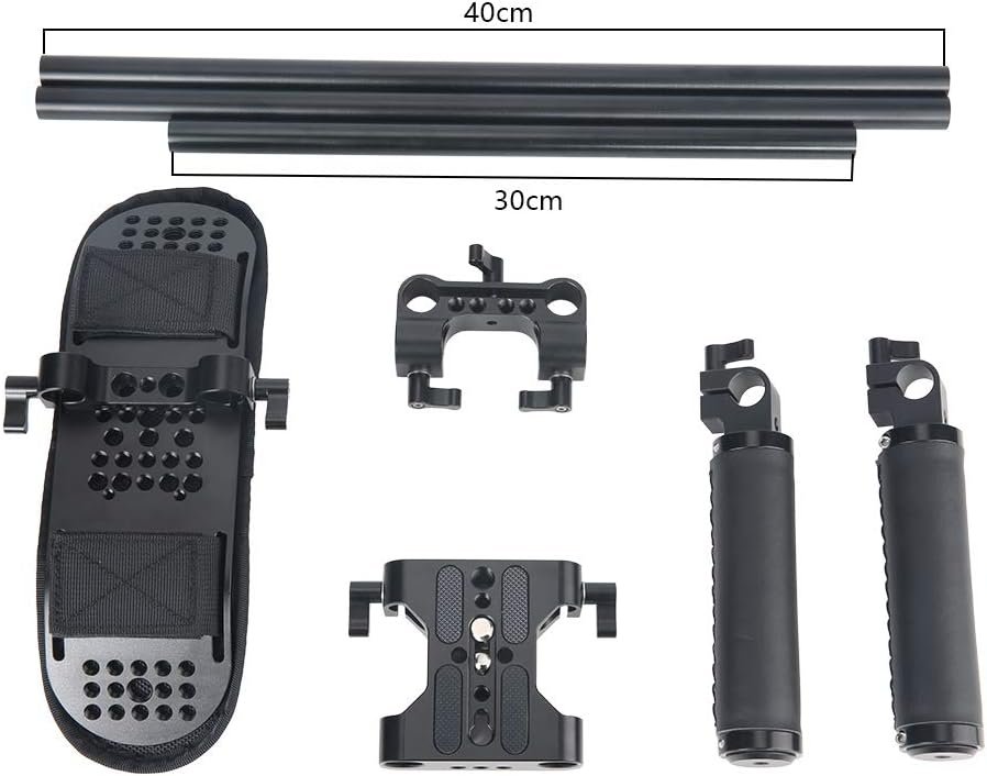 Schouder rig systeem voor camera met 15mm schouderpad, aluminium stangen en handgreep set voor DSLR en cinema camcorder ondersteuning op basisplaat