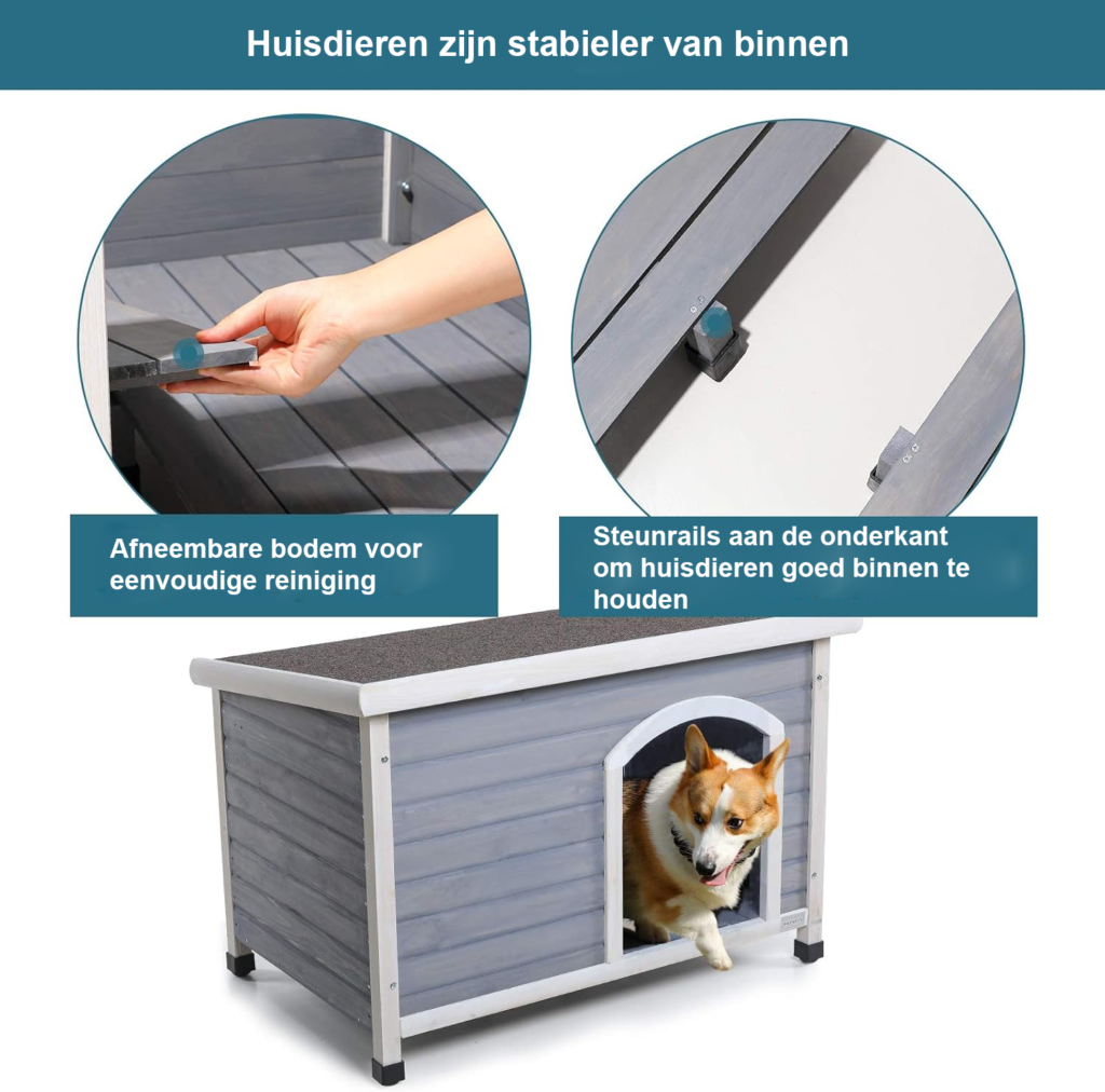compact SEO geoptimaliseerd houten hondenhok met verwijderbare bodem grijs 96x61x70 cm buiten hondenhuis zadelkap weerbestendig voor grote honden