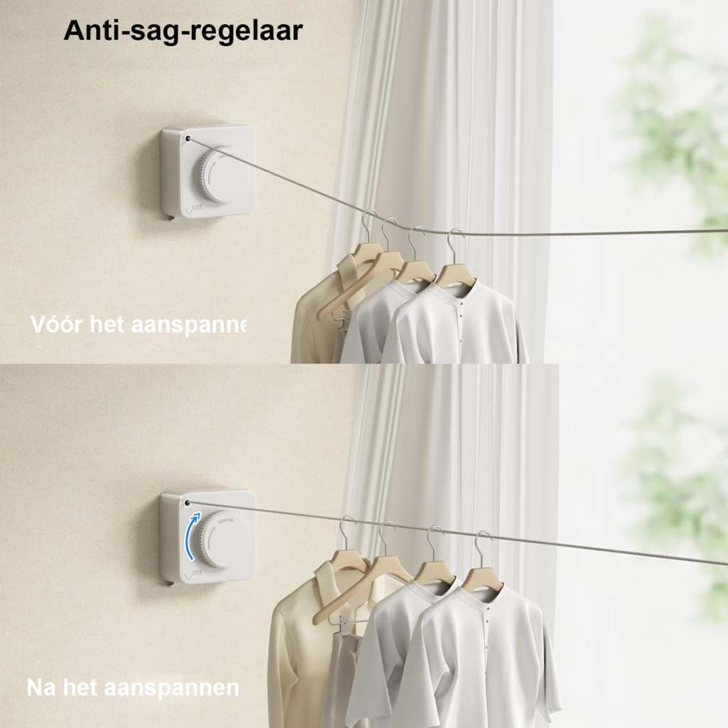 Uittrekbare waslijn van 4,6 meter met wandmontage, roestvrijstalen kabel en non-sagging ontwerp voor binnen en buiten.