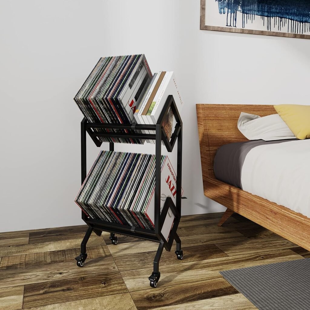LP platenrek met wieltjes verplaatsbare vinyl opslag, mobiele LP display stand en organizer voor platen en kantoorbestanden