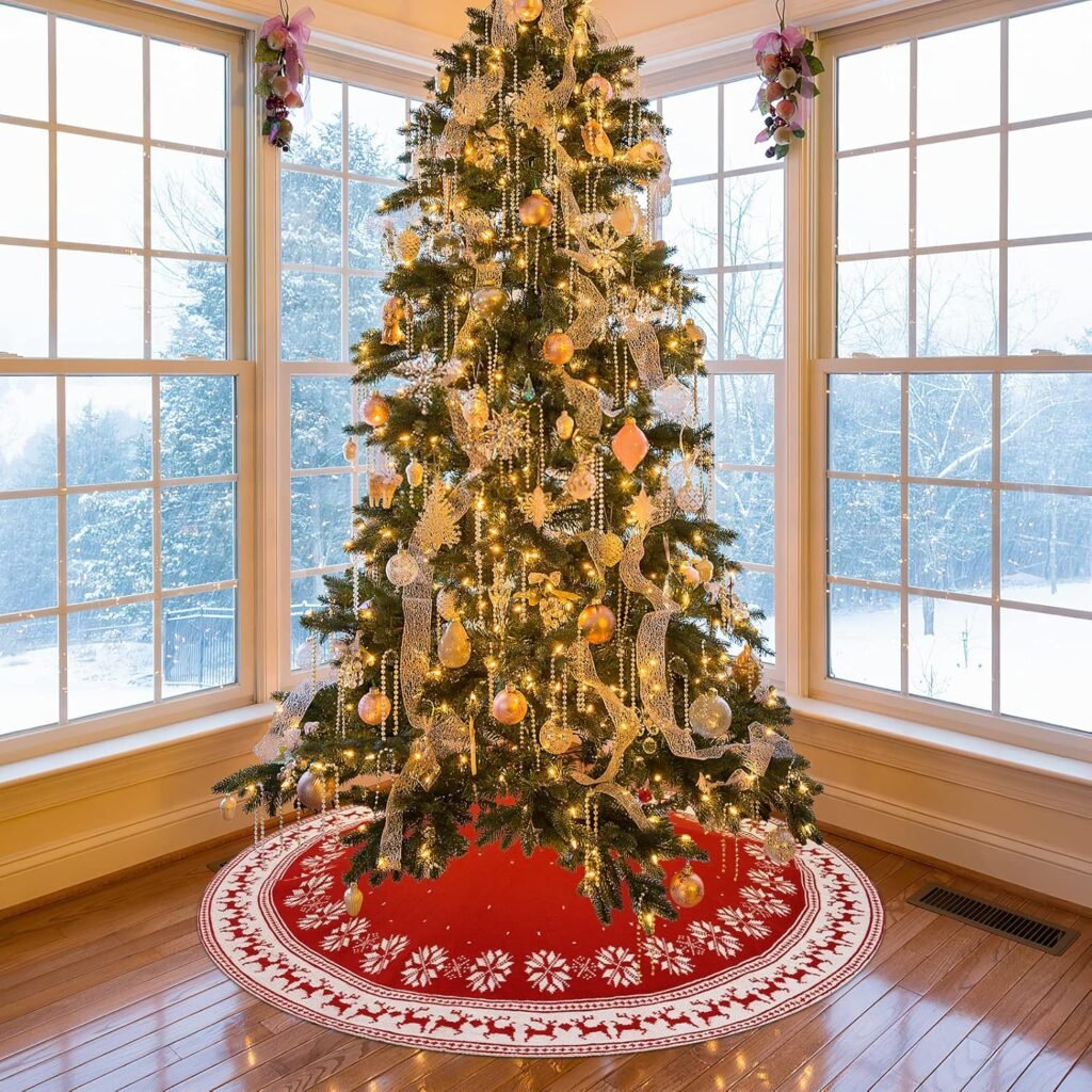 Kerstboomkleed 90 cm rood - Gebreid kerstboomdeken - Kerstboommat met sneeuwvlokken en rendieren - Rond voor kerstboomstand