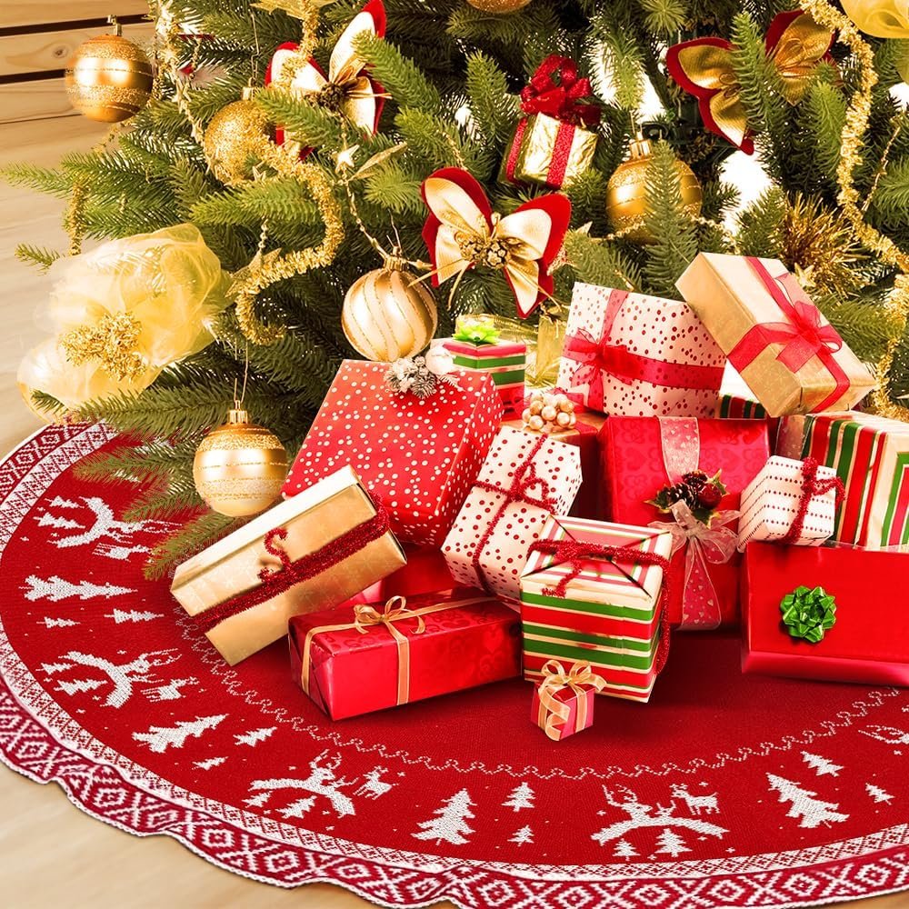 Kerstboomdeken groot 120cm rond geweven kerstboomrok rood kerstboomdecoratie voor feestelijke kerstboom versiering thuis