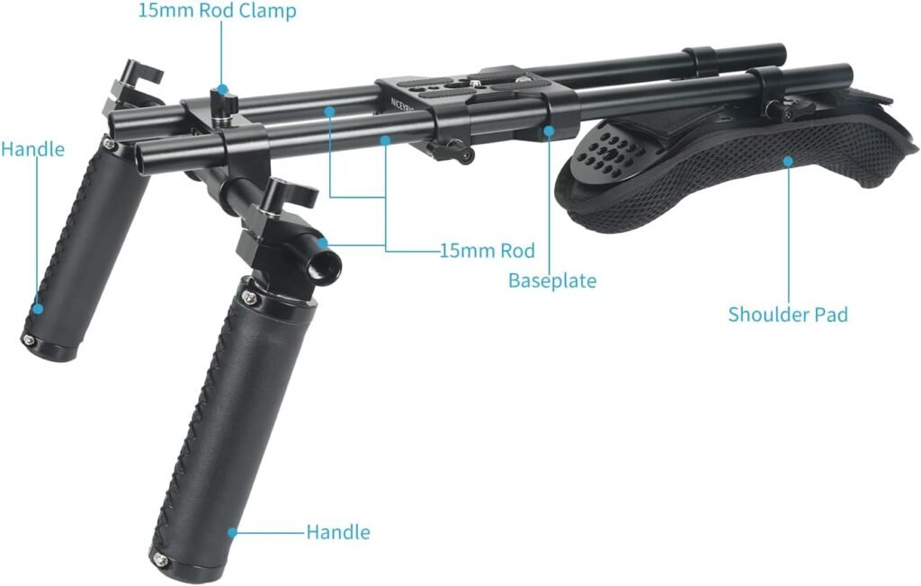 Schouder rig systeem voor camera met 15mm schouderpad, aluminium stangen en handgreep set voor DSLR en cinema camcorder ondersteuning op basisplaat