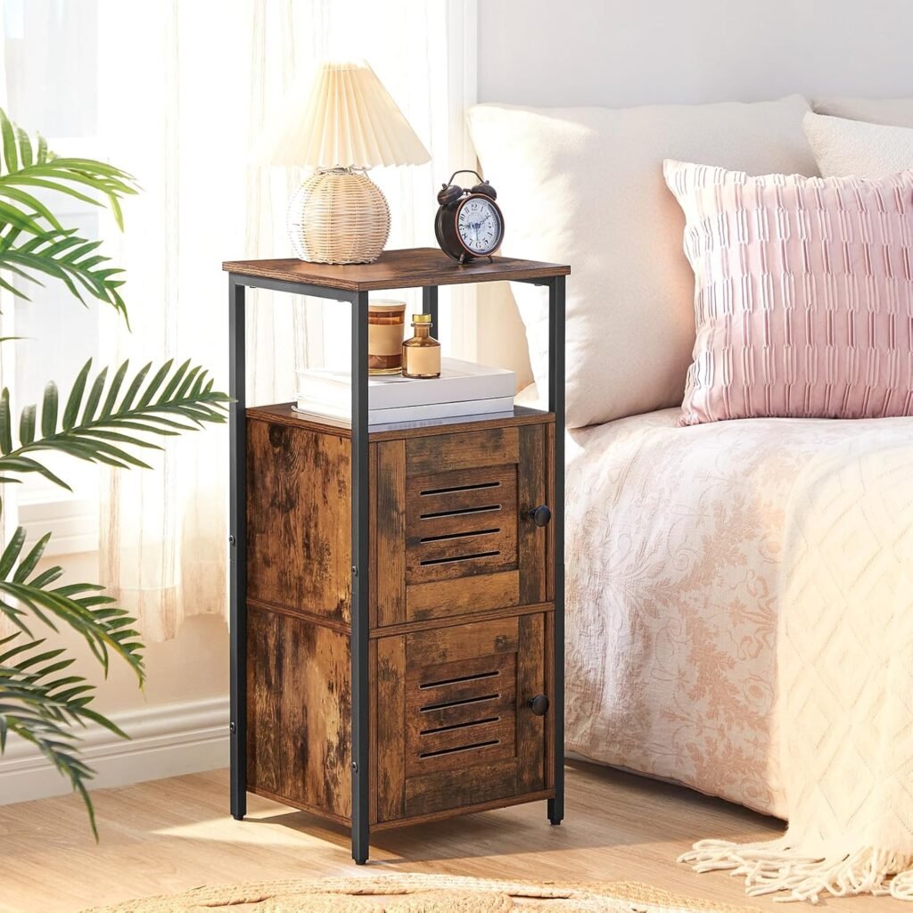 Sideboard kast met lade en verstelbare planken, zijkast met lamellen deur en stalen frame in vintage design voor woonkamer, keuken en badkamer