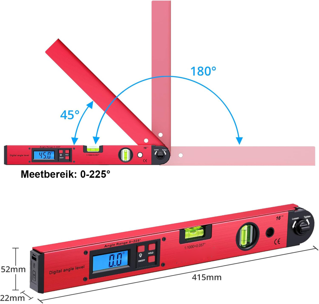 Digitale hoekmeter 0-225 graden met LCD display en waterpas voor nauwkeurig meten van hoeken met opbergtas en verlichting rood