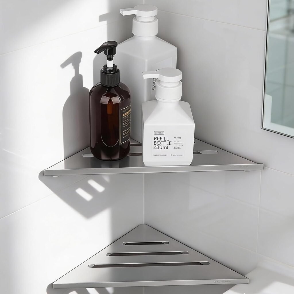 Douchemand hoekmodel RVS geborsteld – wandrek voor shampoo en zeep – badkamer opbergmand zonder boren