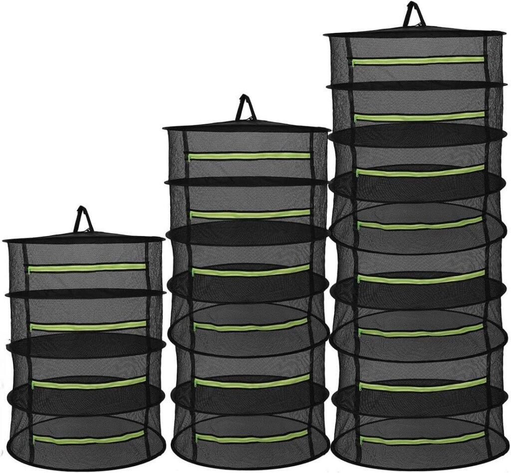 Opvouwbaar droogrek 8 lagen Ø60 cm - hangend droognet met rits voor kruiden, vis, vlees en kleding - zwart ventilerend ruimtebesparend droogsysteem