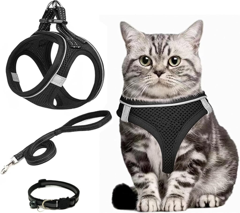 Zwart kattentuigje met looplijn verstelbaar borsttuig voor katten zacht en veilig (maat M)