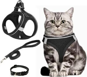 Kattentuigje met looplijn – Verstelbaar borsttuig voor katten – Zacht kattentuig set – Zwart