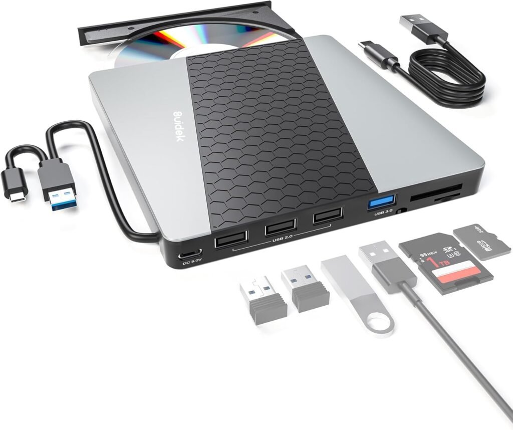 Externe CD/DVD speler en brander met 7-in-1 USB-C hub en SD/Micro SD kaartlezer voor laptop en desktop