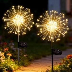 Zonne vuurwerklampen 2-pack LED buitenverlichting – Sfeerverlichting tuin en patio – Waterdicht koperdraad design – 8 lichtstanden 120 LED zonne-energie